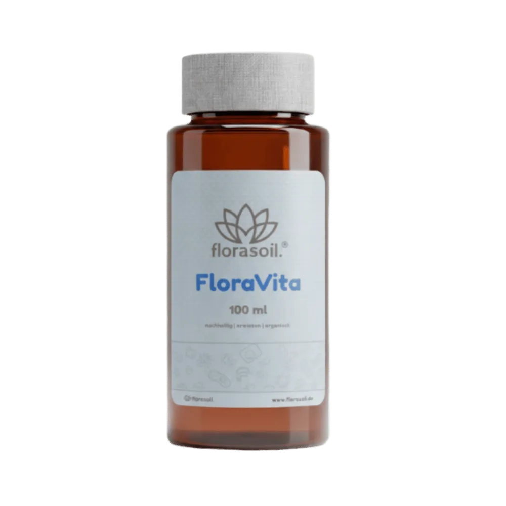 FloraVita 100 ml von FloraSoil – nachhaltiger, organischer Pflanzenzusatz zur Stärkung der Vitalität und Widerstandsfähigkeit im Living Soil Ökosystem auf florasoil.de.