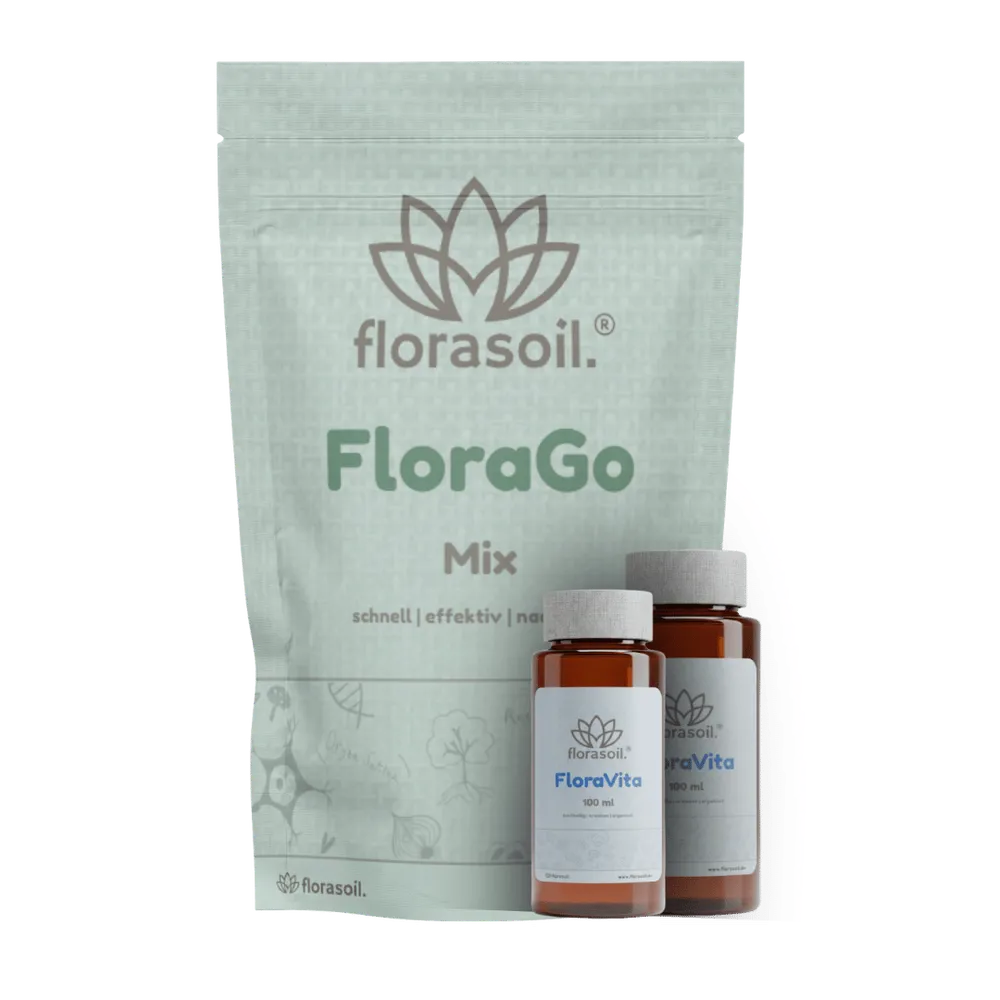 FloraGo Mix und FloraVita Ergänzung von FloraSoil – effektives Set für schnelles Pflanzenwachstum und vitale Nährstoffversorgung im Living Soil System auf florasoil.de.