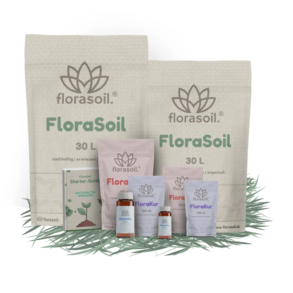 Umfangreiches FloraSoil Living Soil Komplett-Set inklusive 30L Säcken, FloraKur, FloraMix, FloraVita und Starter-Guide – alles für den nachhaltigen, organischen Anbau und optimale Pflanzenvitalität auf florasoil.de.