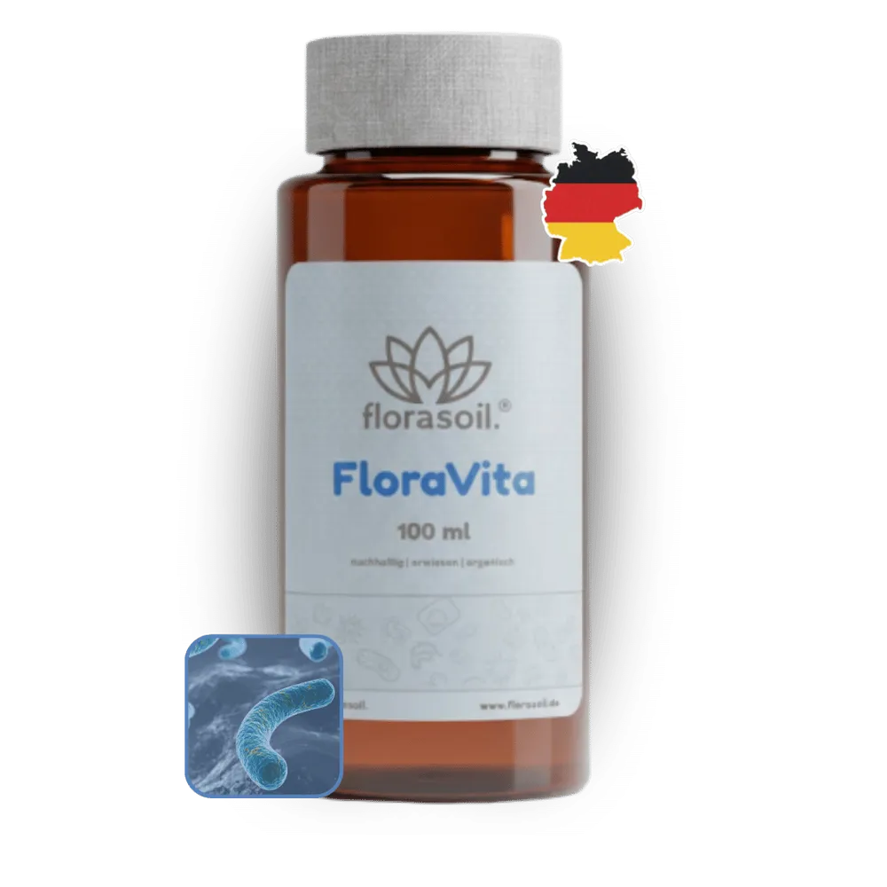 FloraVita Flasche vor transparentem Hintergrund mit Darstellung von Mikroorganismen und DE-Flagge