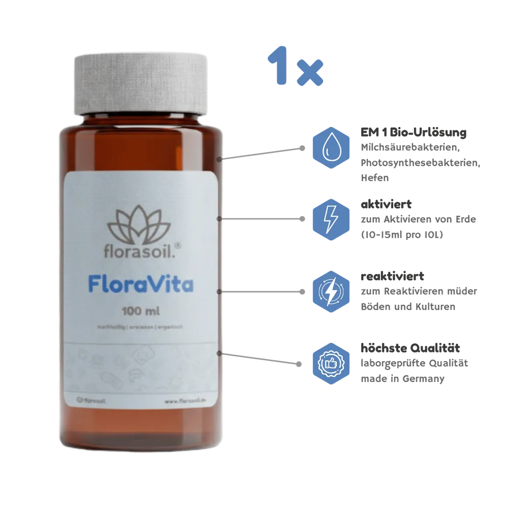FloraVita Flasche mit 4 Produktvorteilen