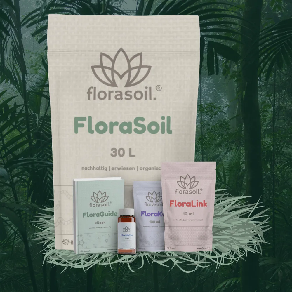 FloraSoil Set bestehend aus 1xFloraSoil 30L, 1xFloraGuide, 1xFloraVita, 1xFloraKur und 1xFloraLink vor grünem Dschungel-Hintergrund