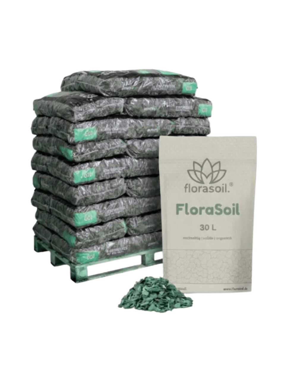 Palette mit FloraSoil Living Soil 30L Säcken für Großprojekte – nachhaltige, organische Bio-Erde in Vorratshaltung für effizienten ökologischen Anbau auf florasoil.de.